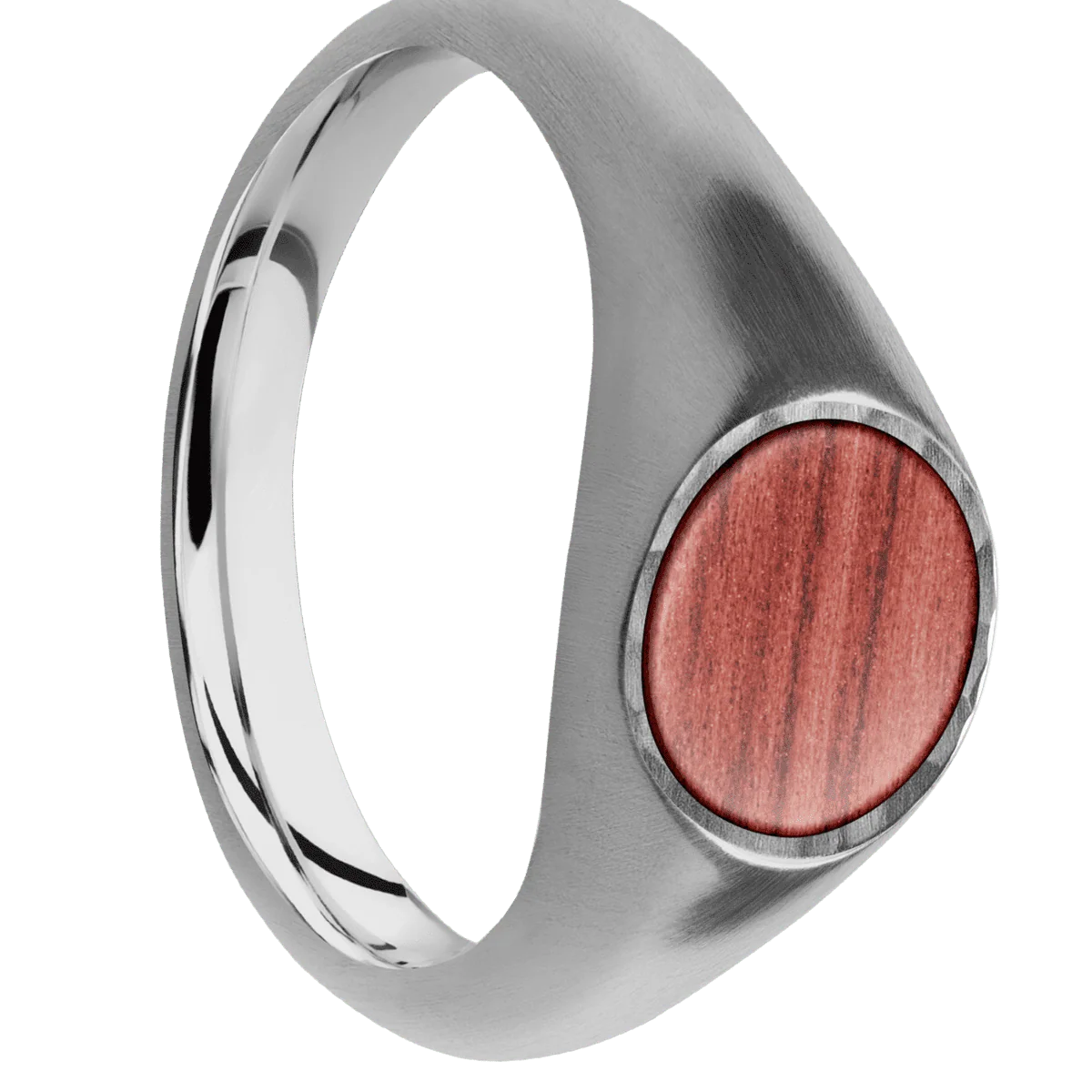 Small Circle signet ring (10mm) in Titanium, with a Wide style band, a Red Heart inlay.