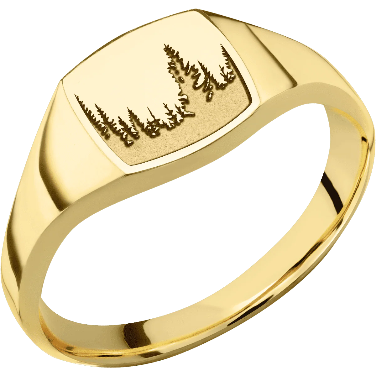 Small Cushion signet ring (10x10mm) in 10K Yellow Gold, with a Thin style band and a Trees engraving. - Image 2
