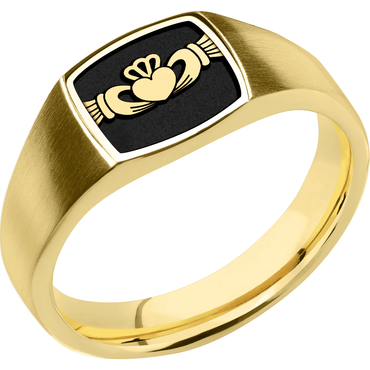 Small Cushion signet ring (10x10mm) in 10K Yellow Gold, with a Wide style band, a 14K Yellow Gold inlay and a Claddagh 4 engraving. - Image 2