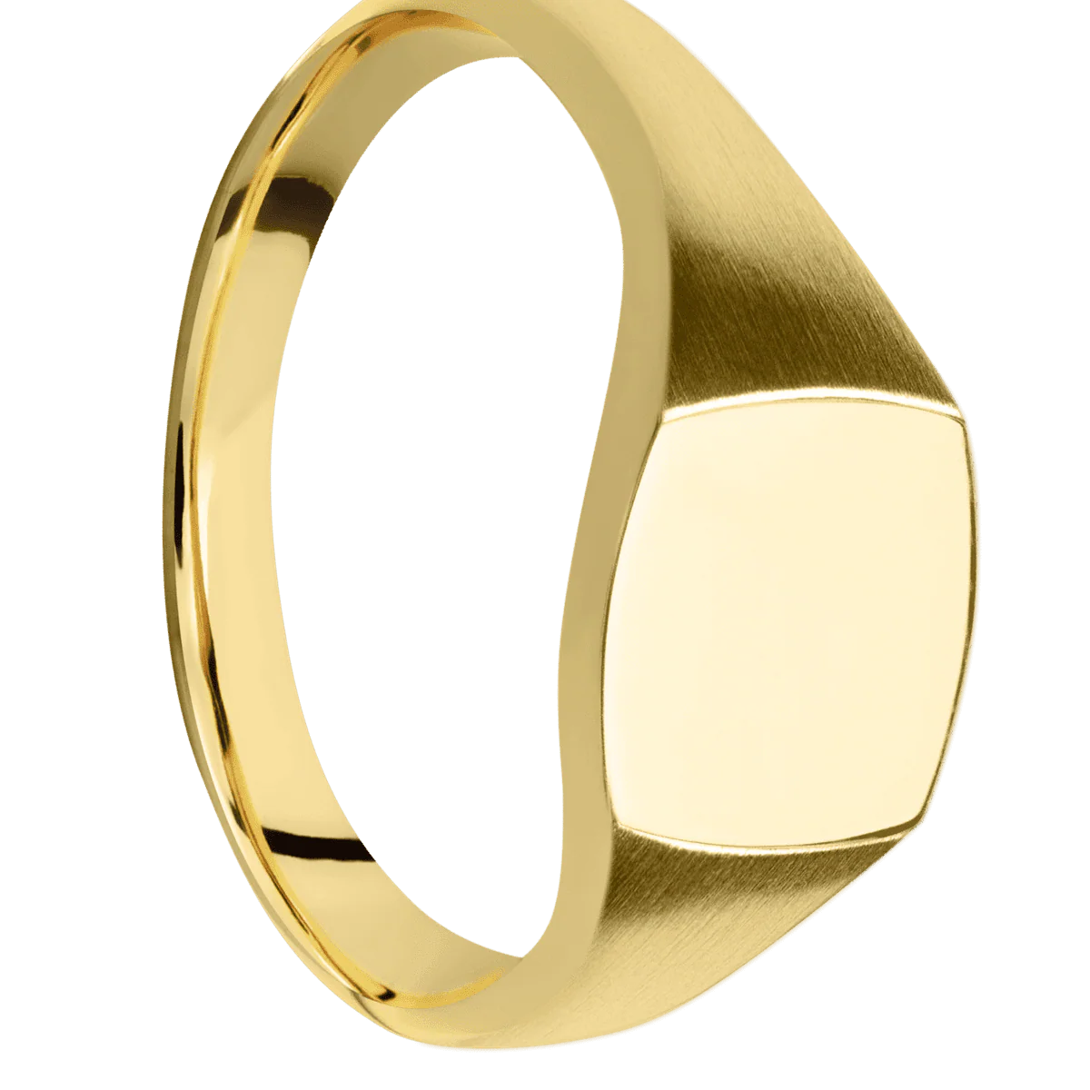 Small Cushion signet ring (10x10mm) in 14K Yellow Gold, with a Thin style band.