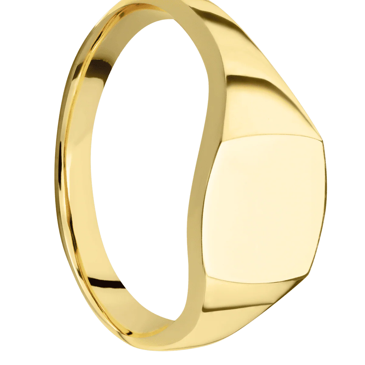 Small Cushion signet ring (10x10mm) in 14K Yellow Gold, with a Thin style band.