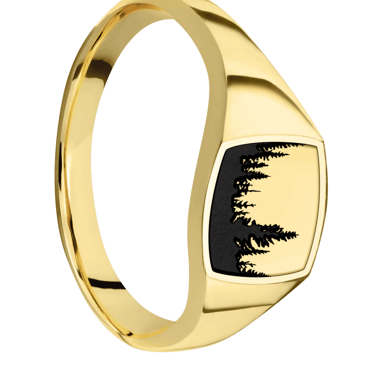 Small Cushion signet ring (10x10mm) in 18K Yellow Gold, with a Thin style band, a 14K Yellow Gold inlay and a Trees engraving.