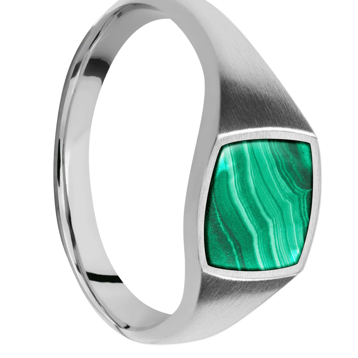 Small Cushion signet ring (10x10mm) in Cobalt Chrome, with a Thin style band, a Malachite inlay.