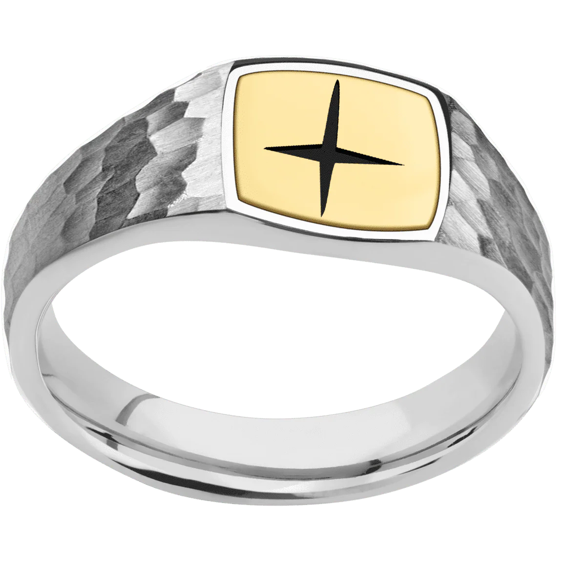 Small Cushion signet ring (10x10mm) in Platinum, with a Wide style band, a 18K Yellow Gold inlay and a STAR1 engraving. - Image 3