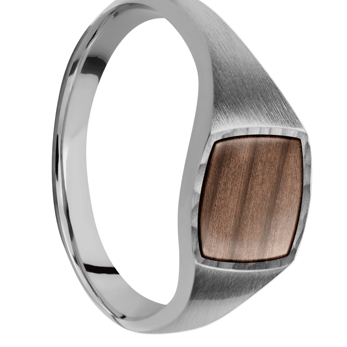 Small Cushion signet ring (10x10mm) in Titanium, with a Thin style band, a Sequoia inlay.