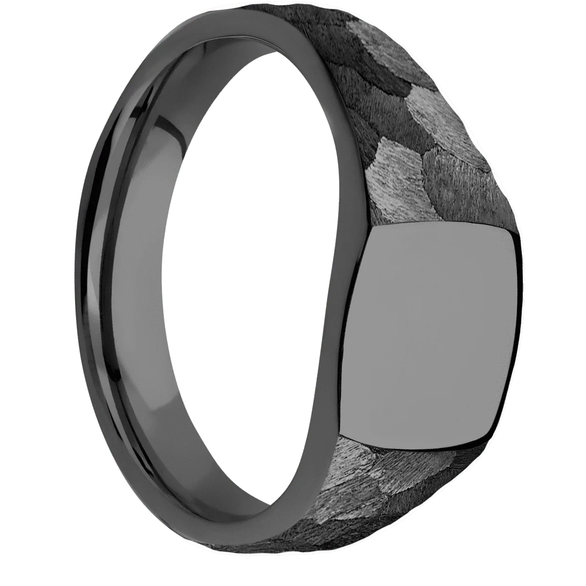 Small Cushion signet ring (10x10mm) in Zirconium, with a Wide style band.