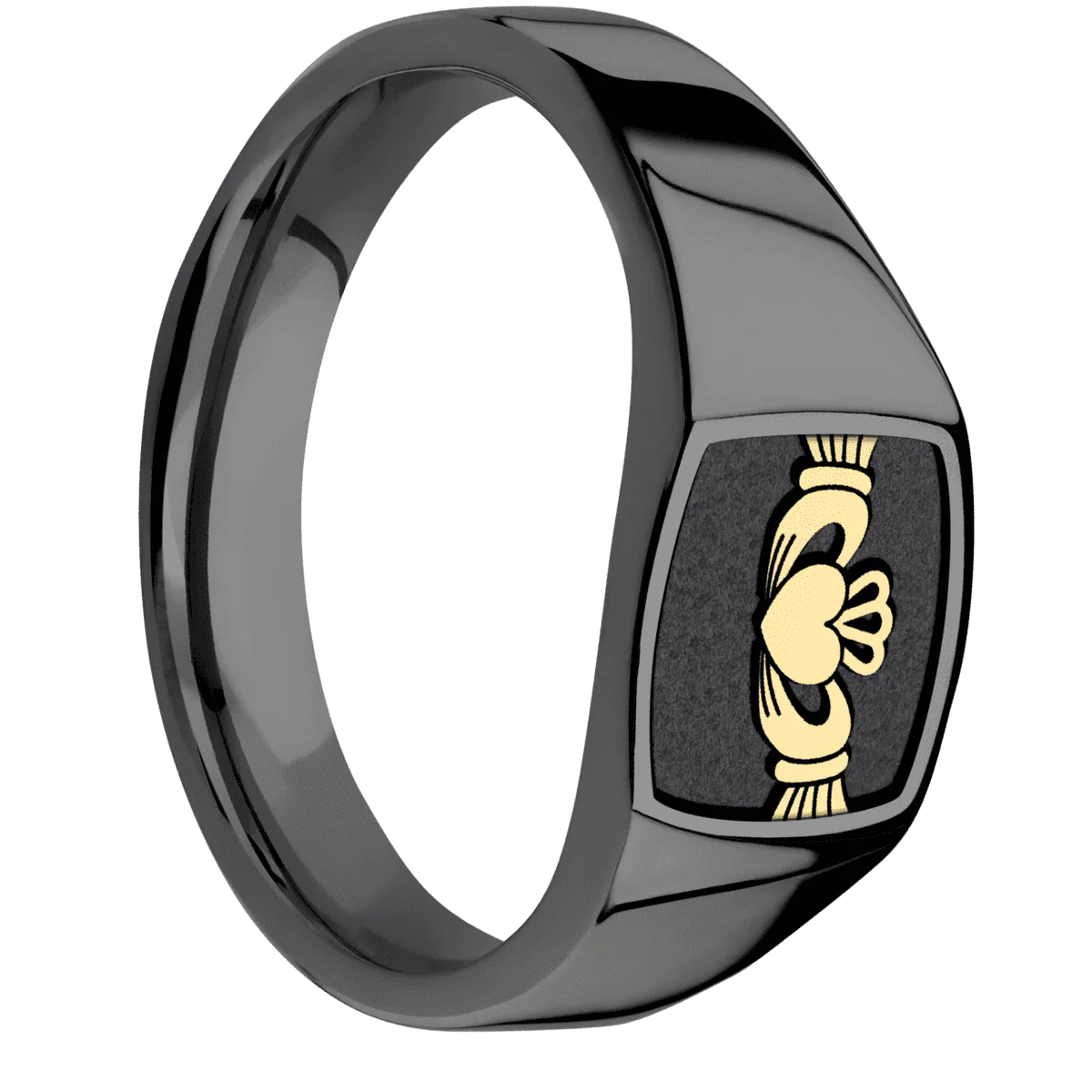 Small Cushion signet ring (10x10mm) in Zirconium, with a Wide style band, a 14K Yellow Gold inlay and a Claddagh 4 engraving.