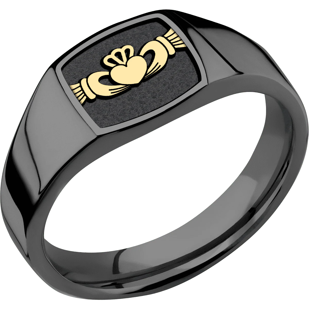 Small Cushion signet ring (10x10mm) in Zirconium, with a Wide style band, a 14K Yellow Gold inlay and a Claddagh 4 engraving. - Image 2