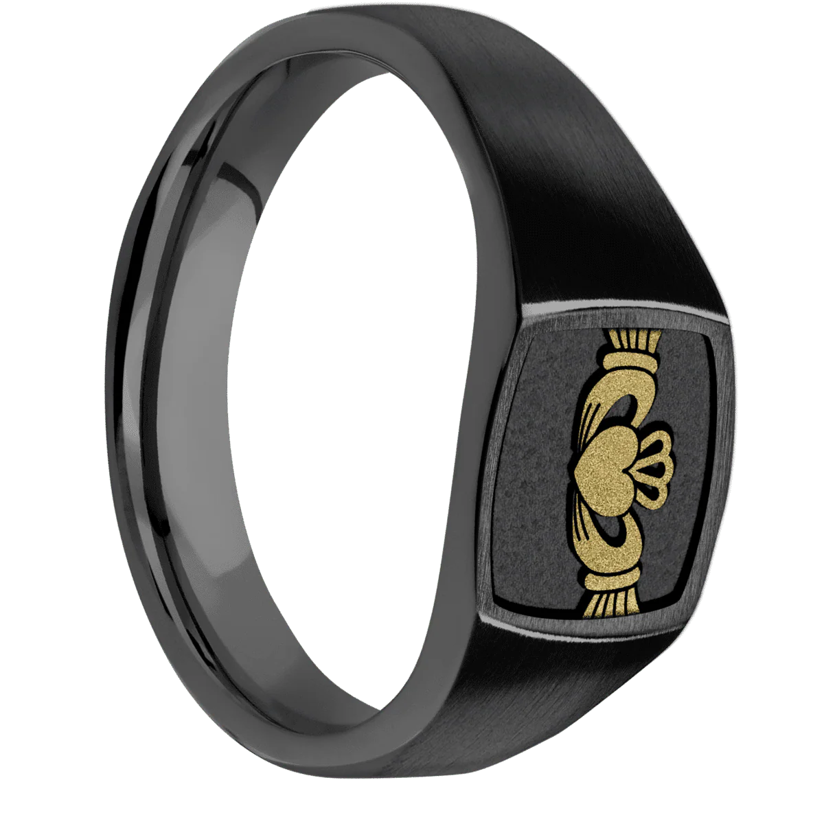 Small Cushion signet ring (10x10mm) in Zirconium, with a Wide style band, a 14K Yellow Gold inlay and a Claddagh 4 engraving.