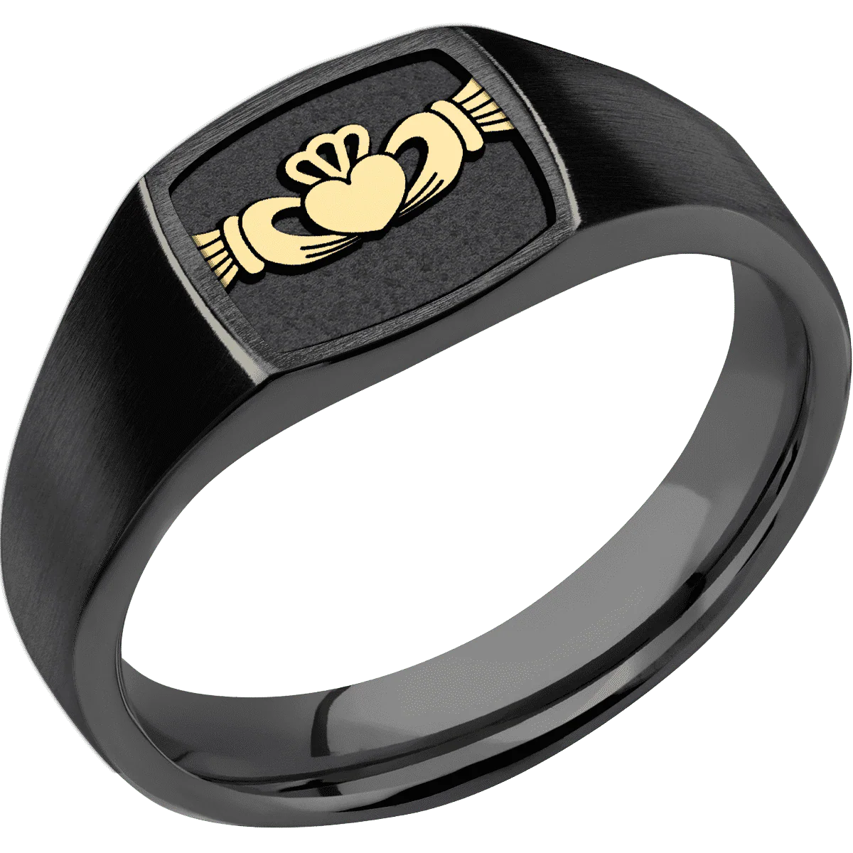 Small Cushion signet ring (10x10mm) in Zirconium, with a Wide style band, a 14K Yellow Gold inlay and a Claddagh 4 engraving. - Image 2
