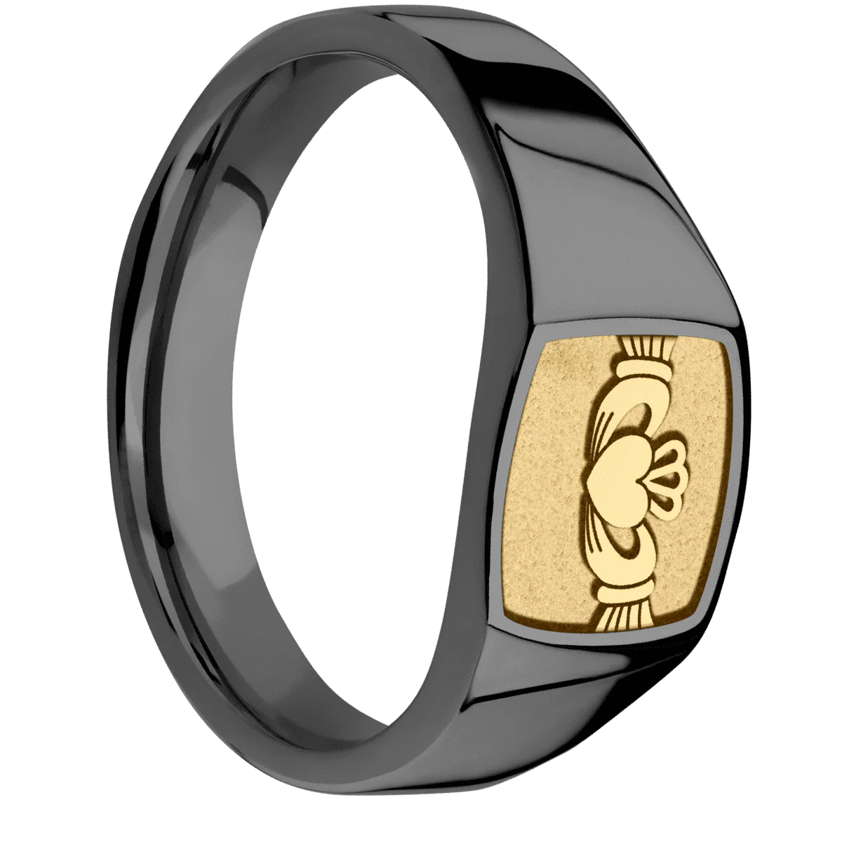 Small Cushion signet ring (10x10mm) in Zirconium, with a Wide style band, a 14K Yellow Gold inlay and a Claddagh 4 engraving.