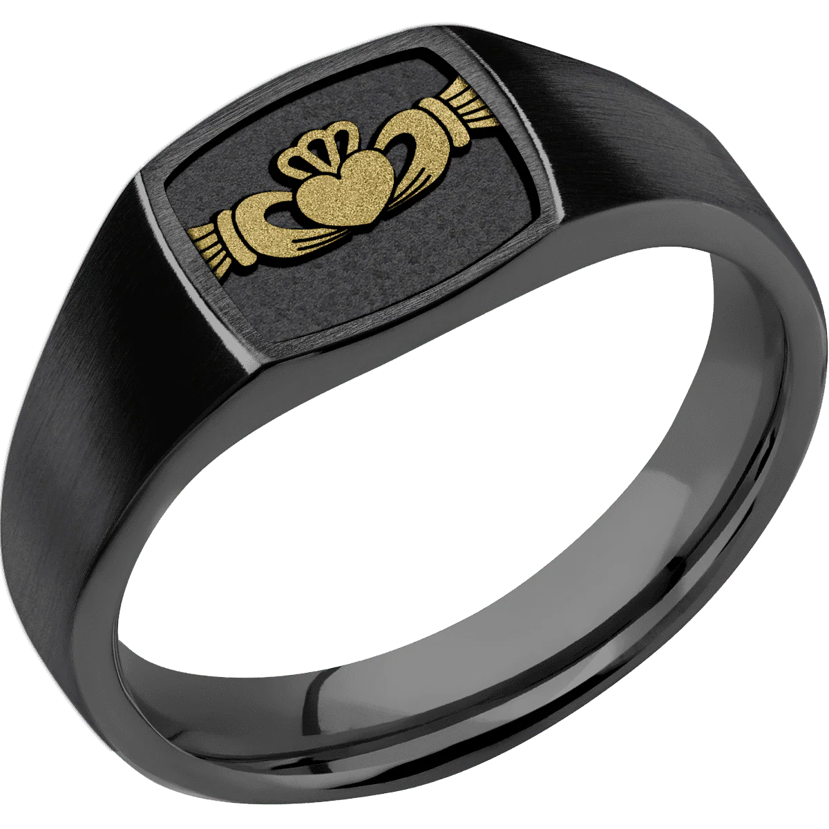 Small Cushion signet ring (10x10mm) in Zirconium, with a Wide style band, a 14K Yellow Gold inlay and a Claddagh 4 engraving. - Image 2