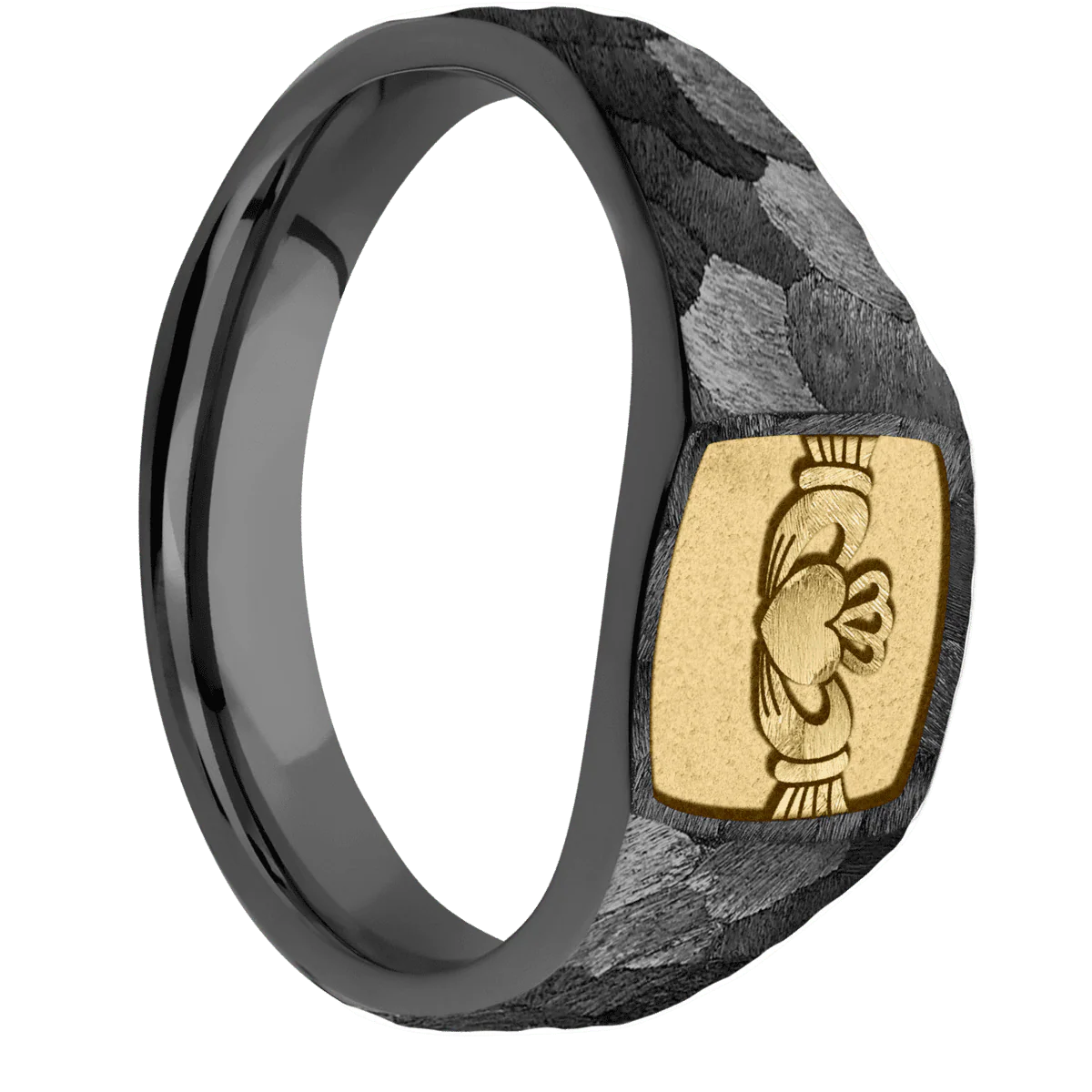 Small Cushion signet ring (10x10mm) in Zirconium, with a Wide style band, a 14K Yellow Gold inlay and a Claddagh 4 engraving.