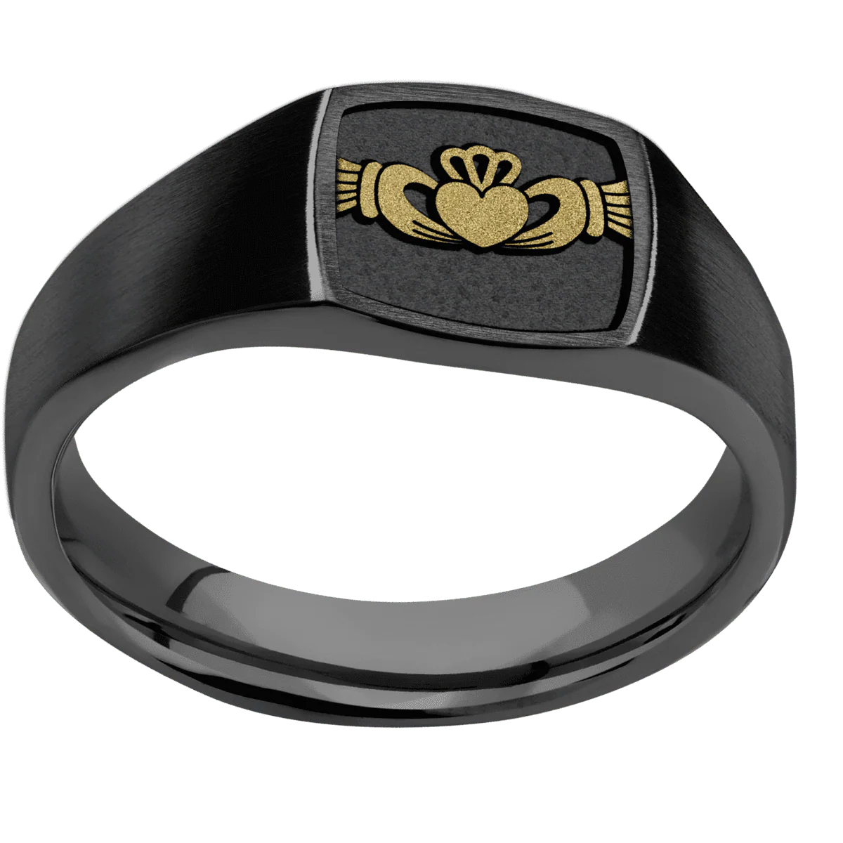 Small Cushion signet ring (10x10mm) in Zirconium, with a Wide style band, a 14K Yellow Gold inlay and a Claddagh 4 engraving. - Image 3