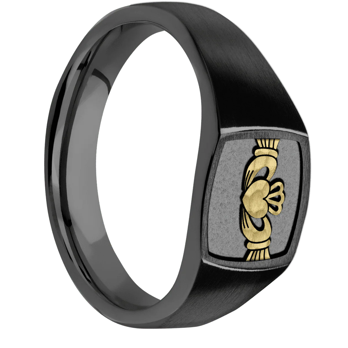 Small Cushion signet ring (10x10mm) in Zirconium, with a Wide style band, a 14K Yellow Gold inlay and a Claddagh 4 engraving.