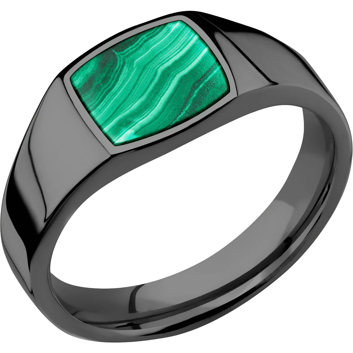 Small Cushion signet ring (10x10mm) in Zirconium, with a Wide style band, a Malachite inlay. - Image 2