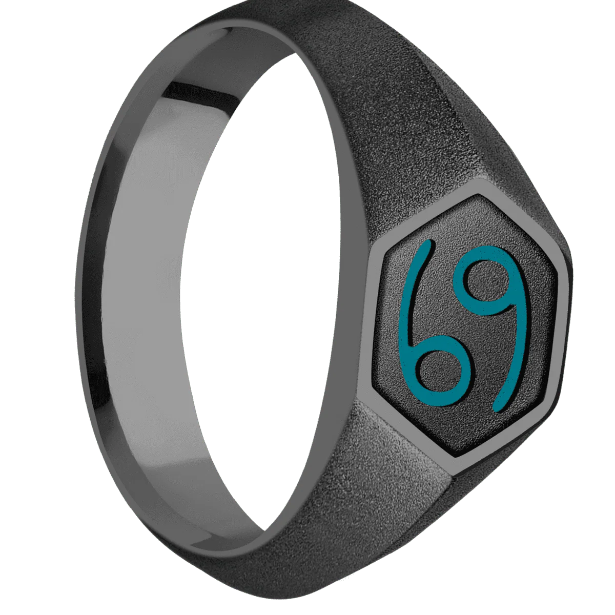 Small Hexagon signet ring (11.5x10) in Zirconium, with a Wide style band, a Zirconium inlay and a CANCER engraving.