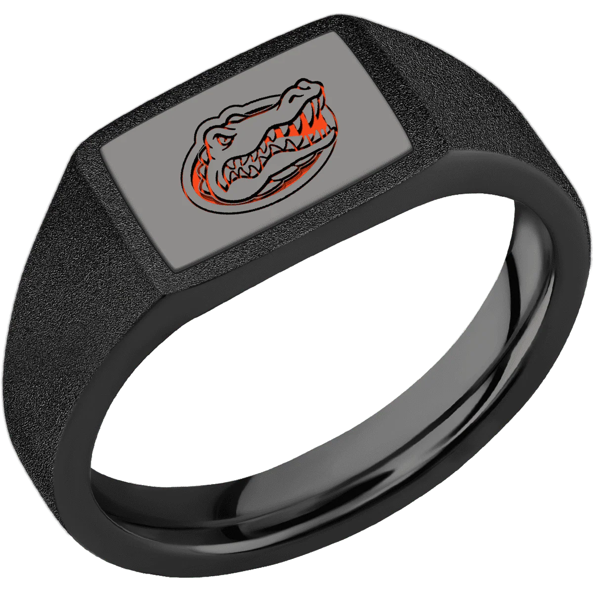 Small Horizontal Rectangle signet ring (12x9mm) in Zirconium, with a Wide style band, a Tantalum Noir inlay and a Florida Gator Head engraving. - Image 2