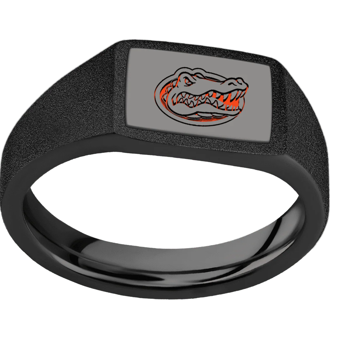Small Horizontal Rectangle signet ring (12x9mm) in Zirconium, with a Wide style band, a Tantalum Noir inlay and a Florida Gator Head engraving. - Image 3