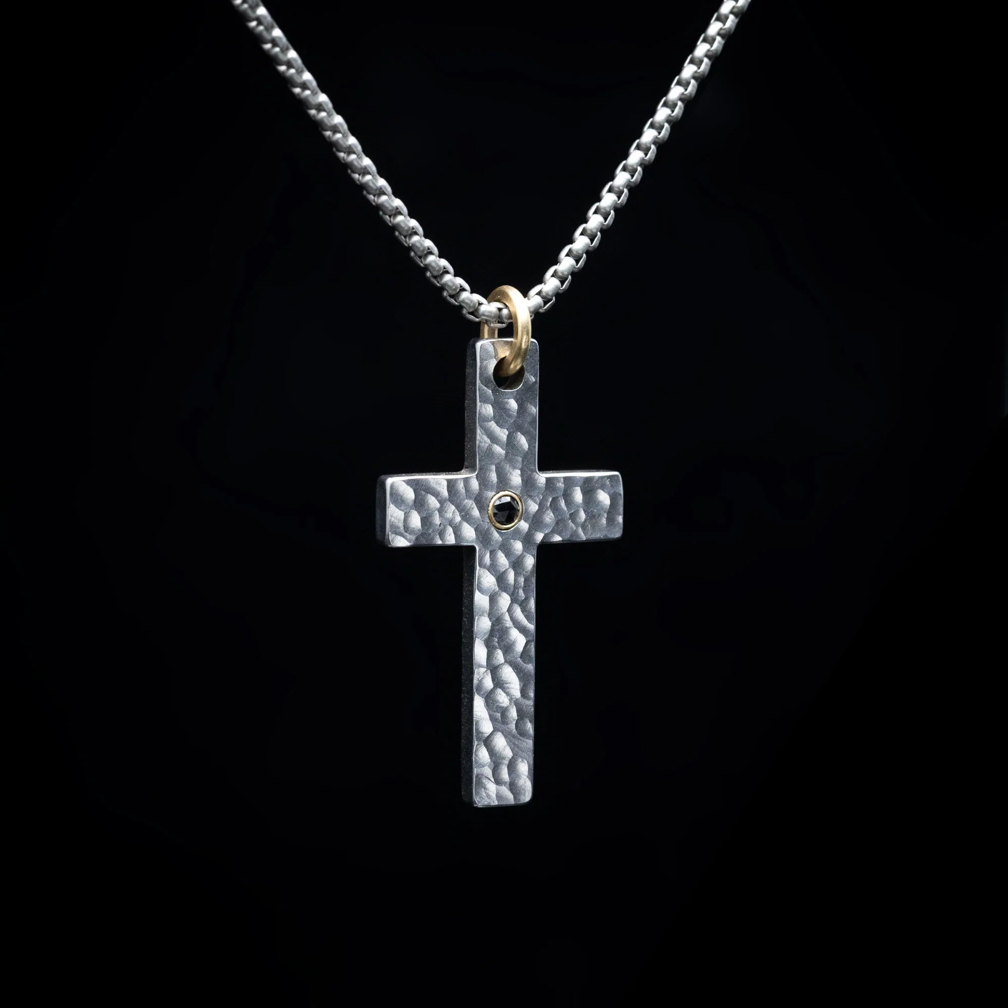 Stainless Steel and Black Diamond Hammered Christian Cross Pendant and Chain - Image 3