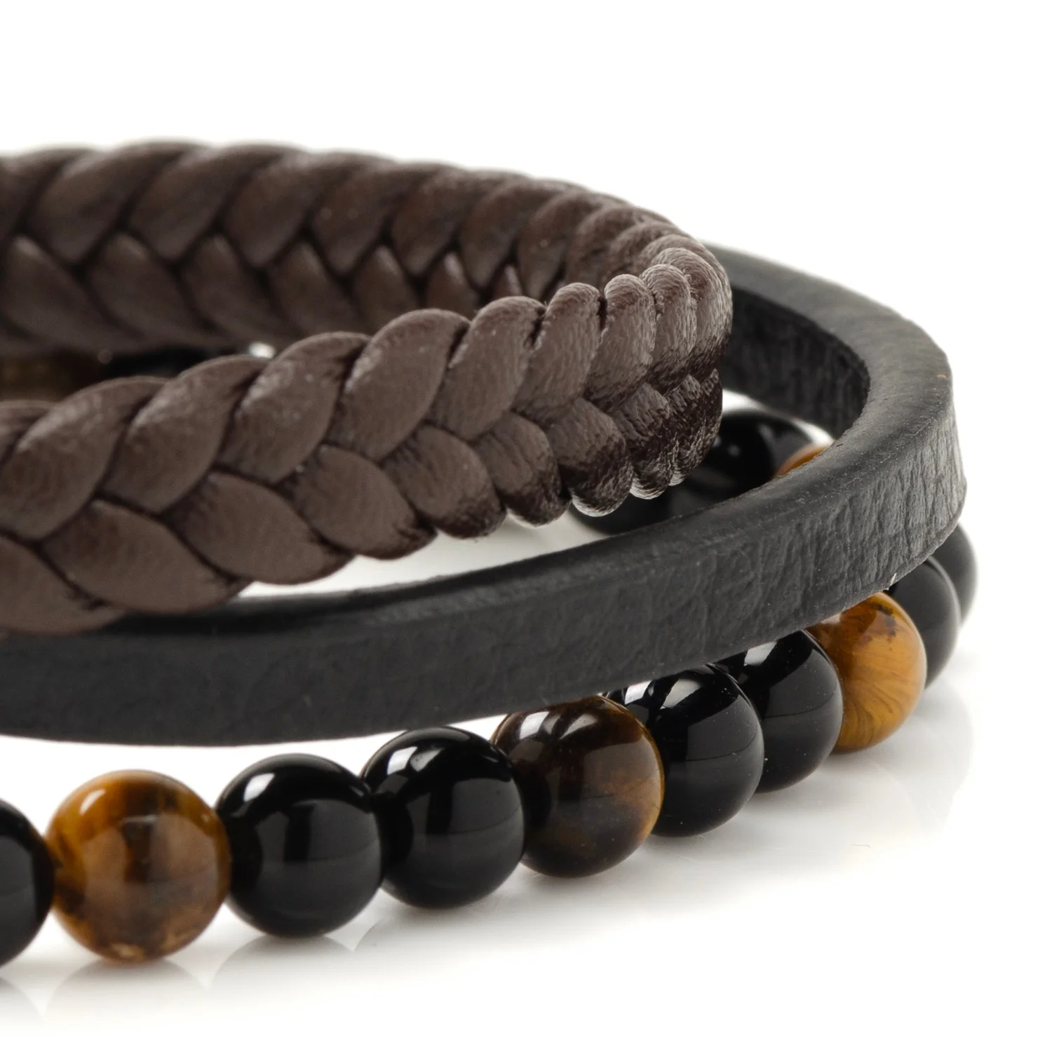 Stainless Steel Stacked Brown Leather Bracelet with Tigers Eye - Image 4