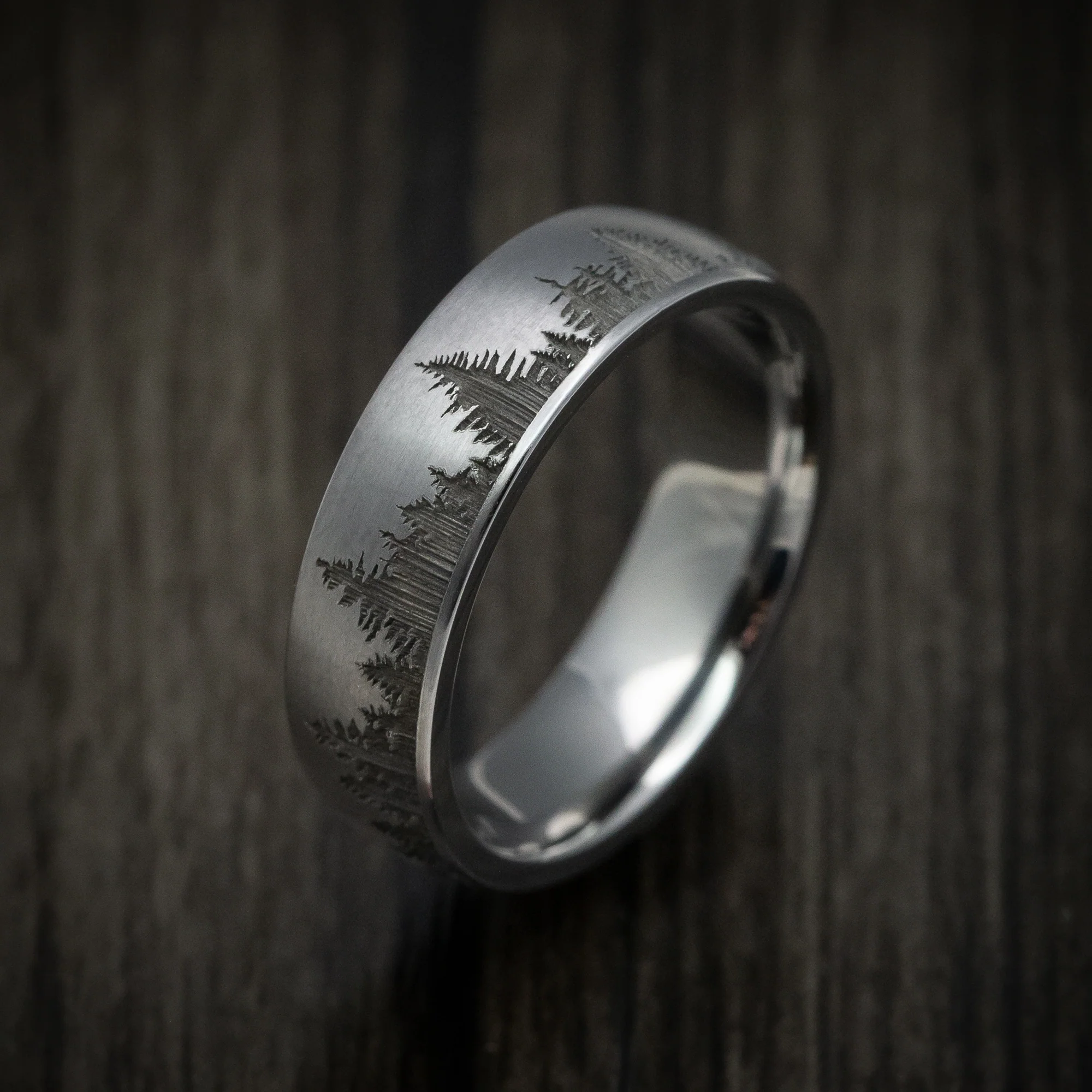 Tantalum Men's Ring with Spruce Forest Tree Design Pattern - Image 3