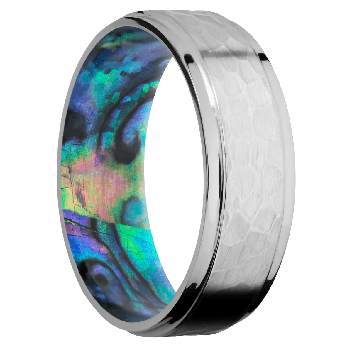 Titanium + Hammer , Polish Finish + Abalone