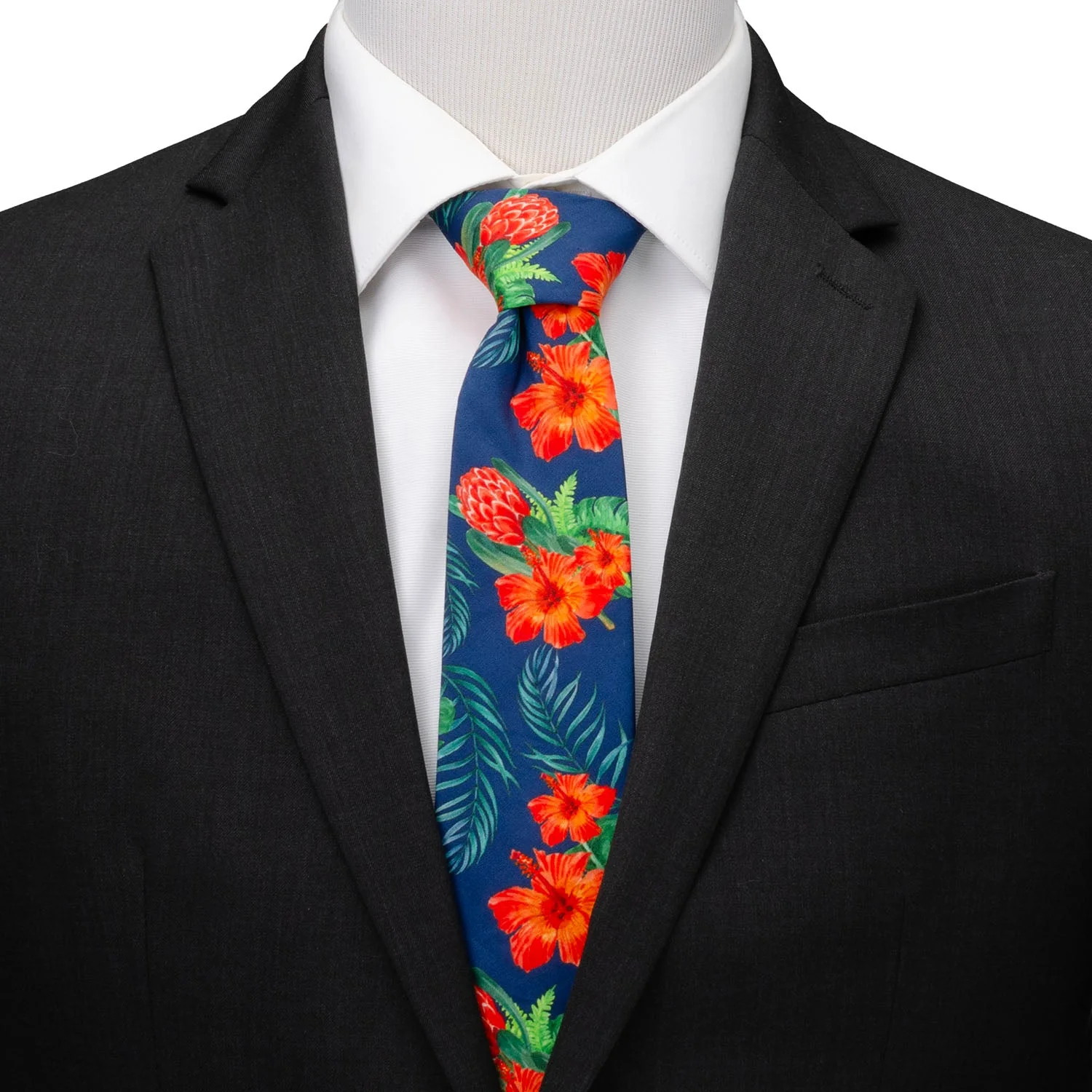 Tropical Hibiscus Men's Navy Tie - Image 2