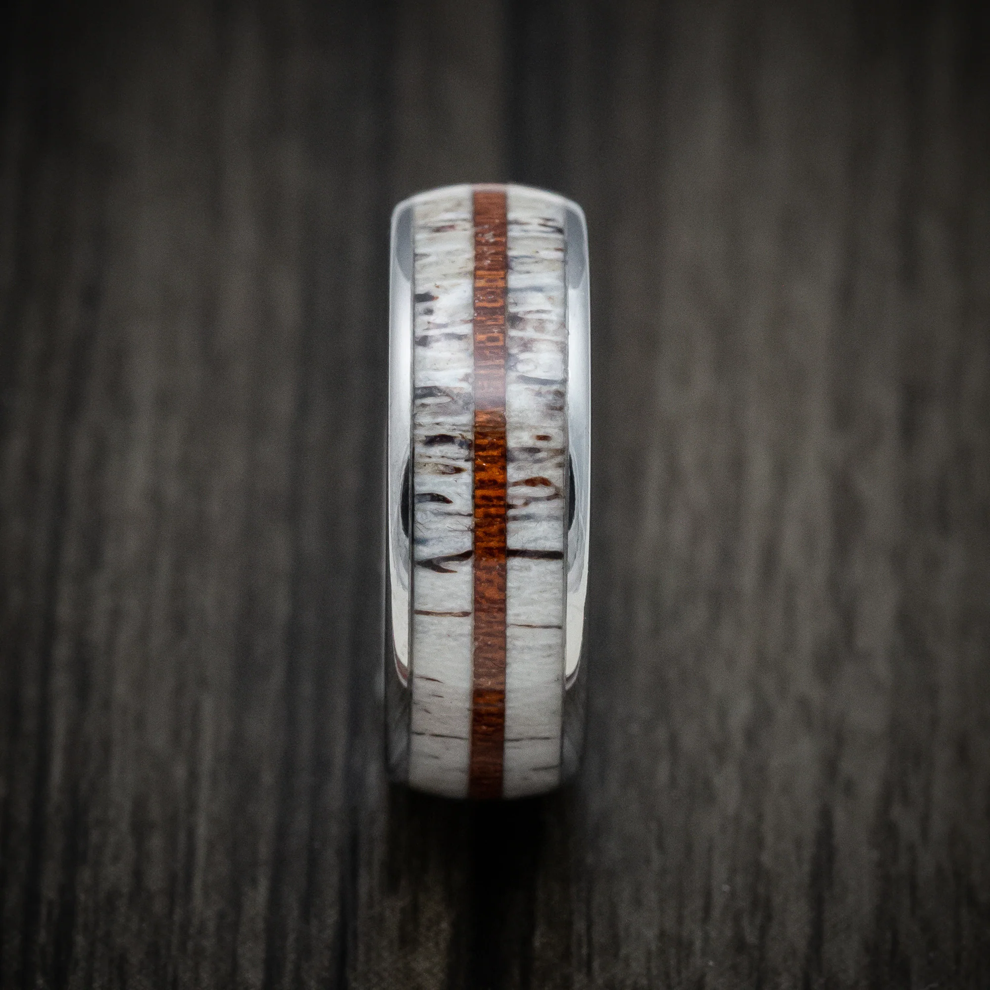 Tungsten Men's Ring with Antler and Whiskey Barrel Wood Inlays Band - Image 3
