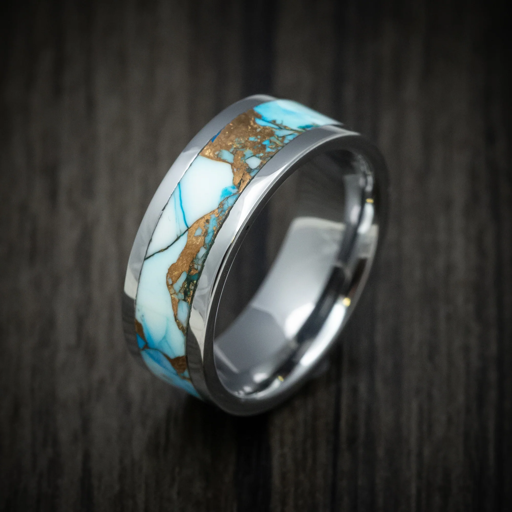 Tungsten Men's Ring with Blue and White Dolamite Stone and Bronze Inlay - Image 3