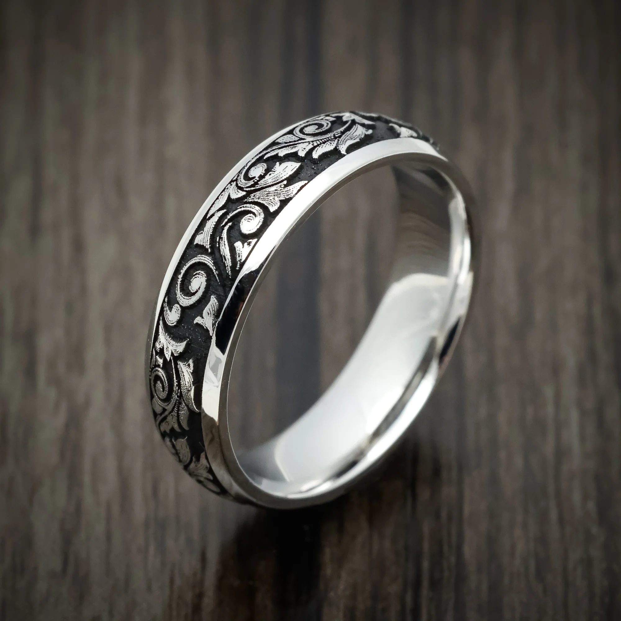 Cobalt Chrome Men's Ring with Floral Pattern Band - Image 3