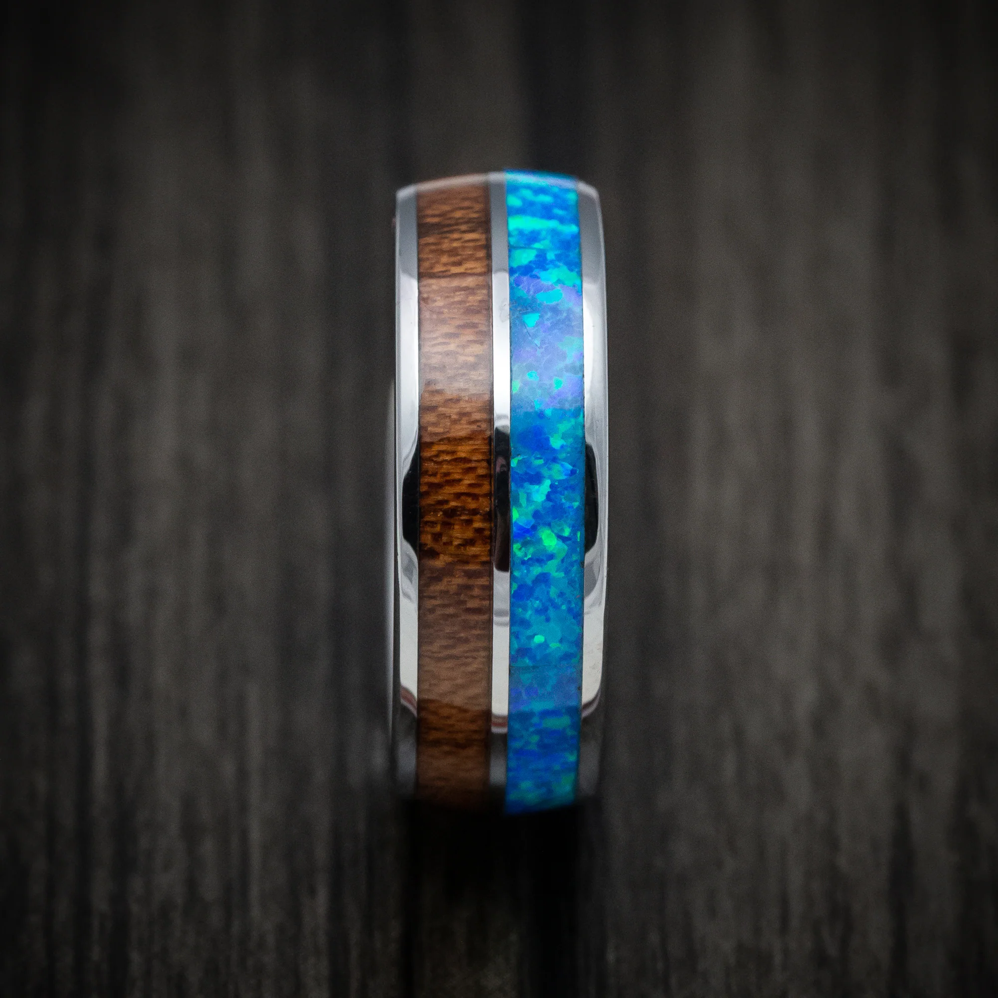 Tungsten Men's Ring with Opal and Koa Wood Inlays Band - Image 3
