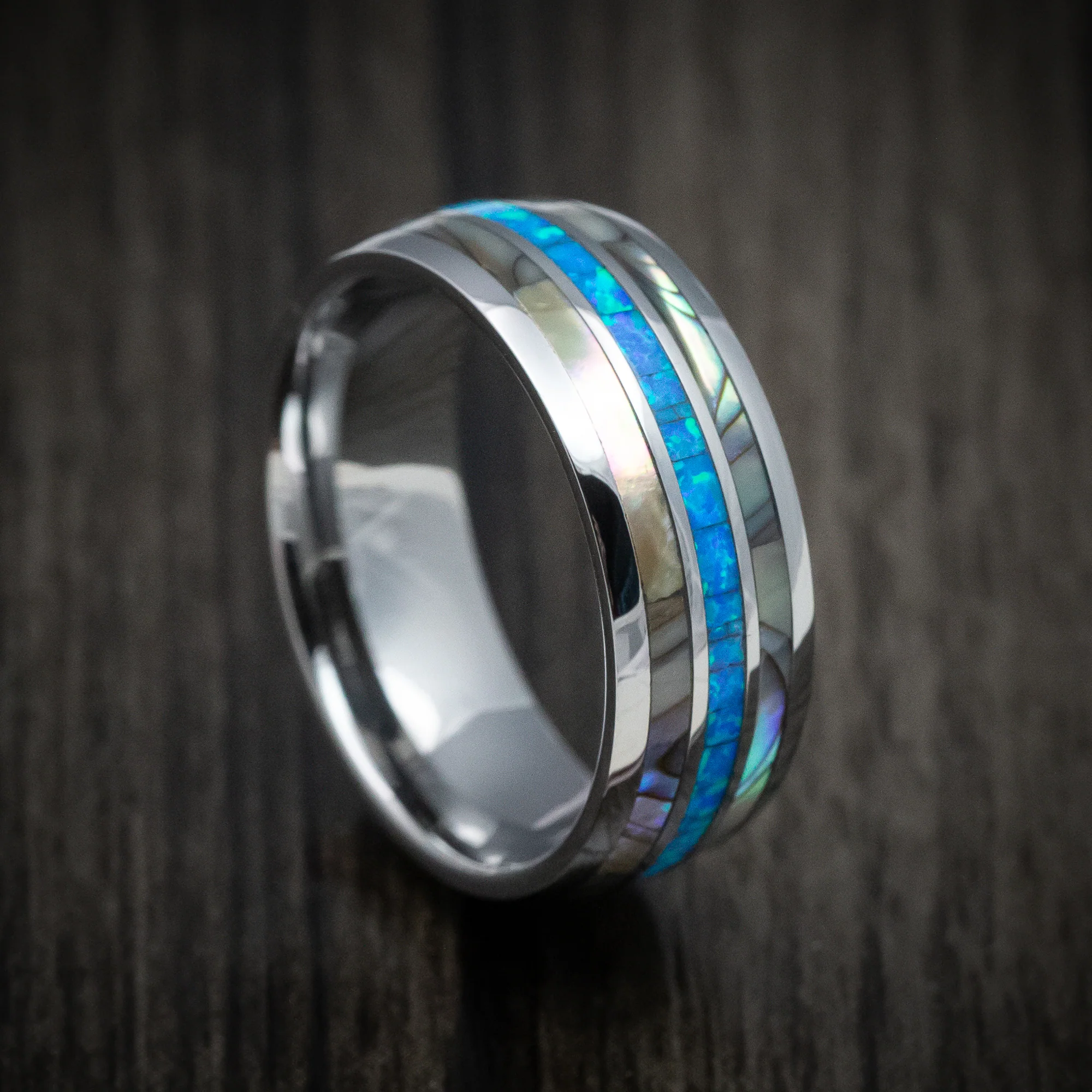 Tungsten Men's Ring with Opal and Mother of Pearl Inlays Band