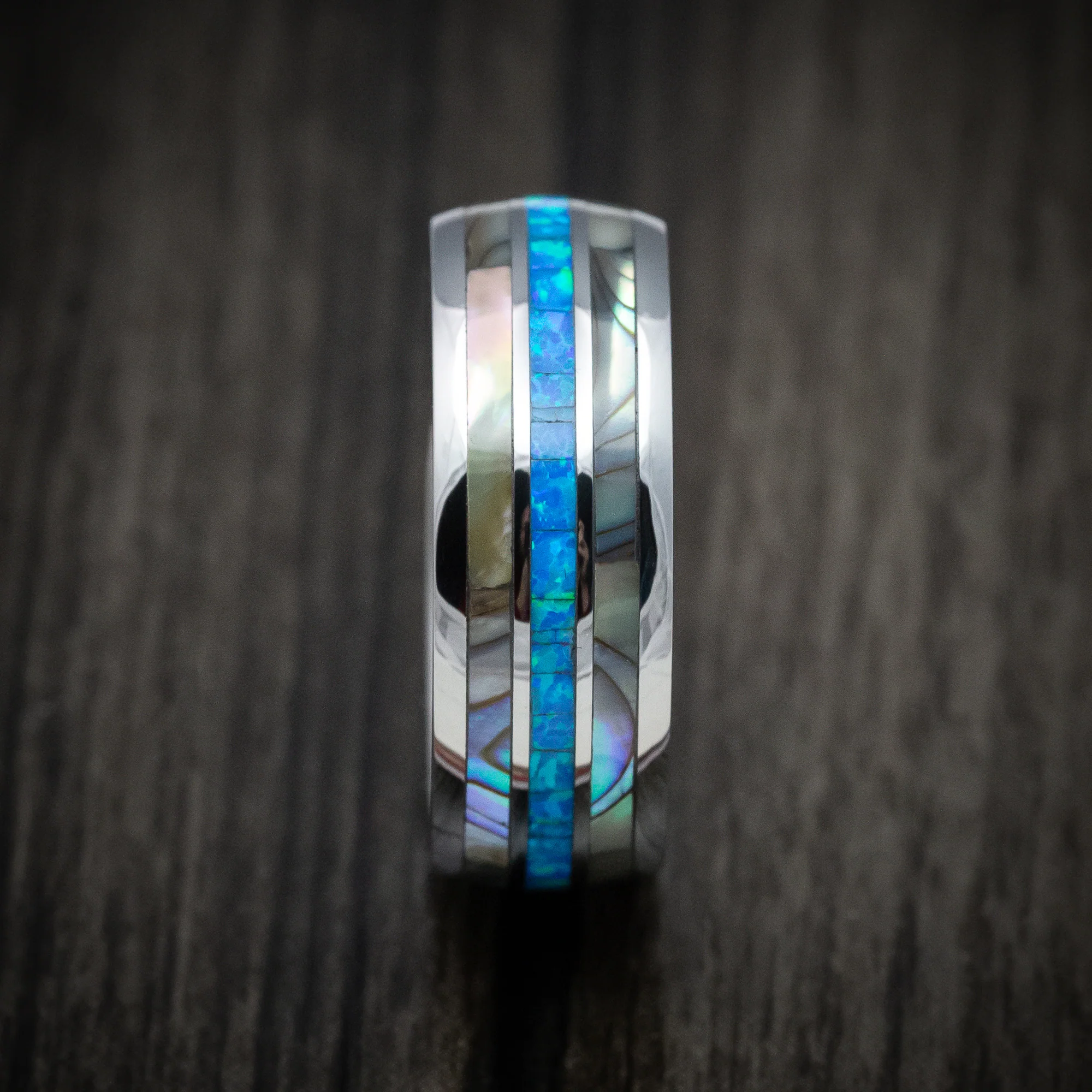 Tungsten Men's Ring with Opal and Mother of Pearl Inlays Band - Image 3