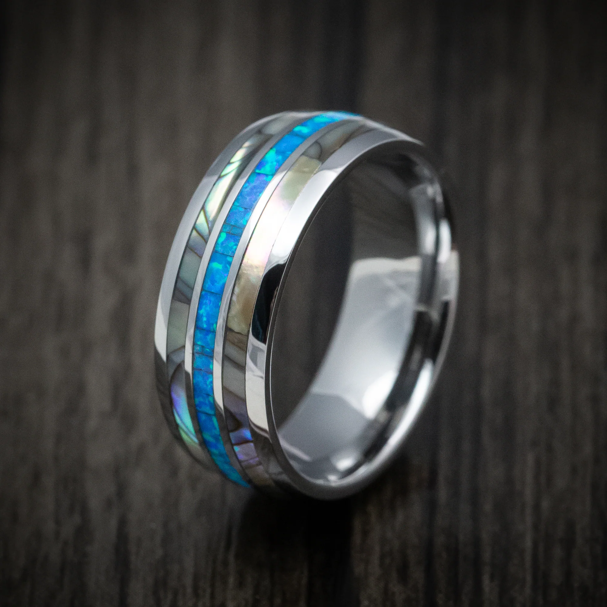 Tungsten Men's Ring with Opal and Mother of Pearl Inlays Band - Image 4