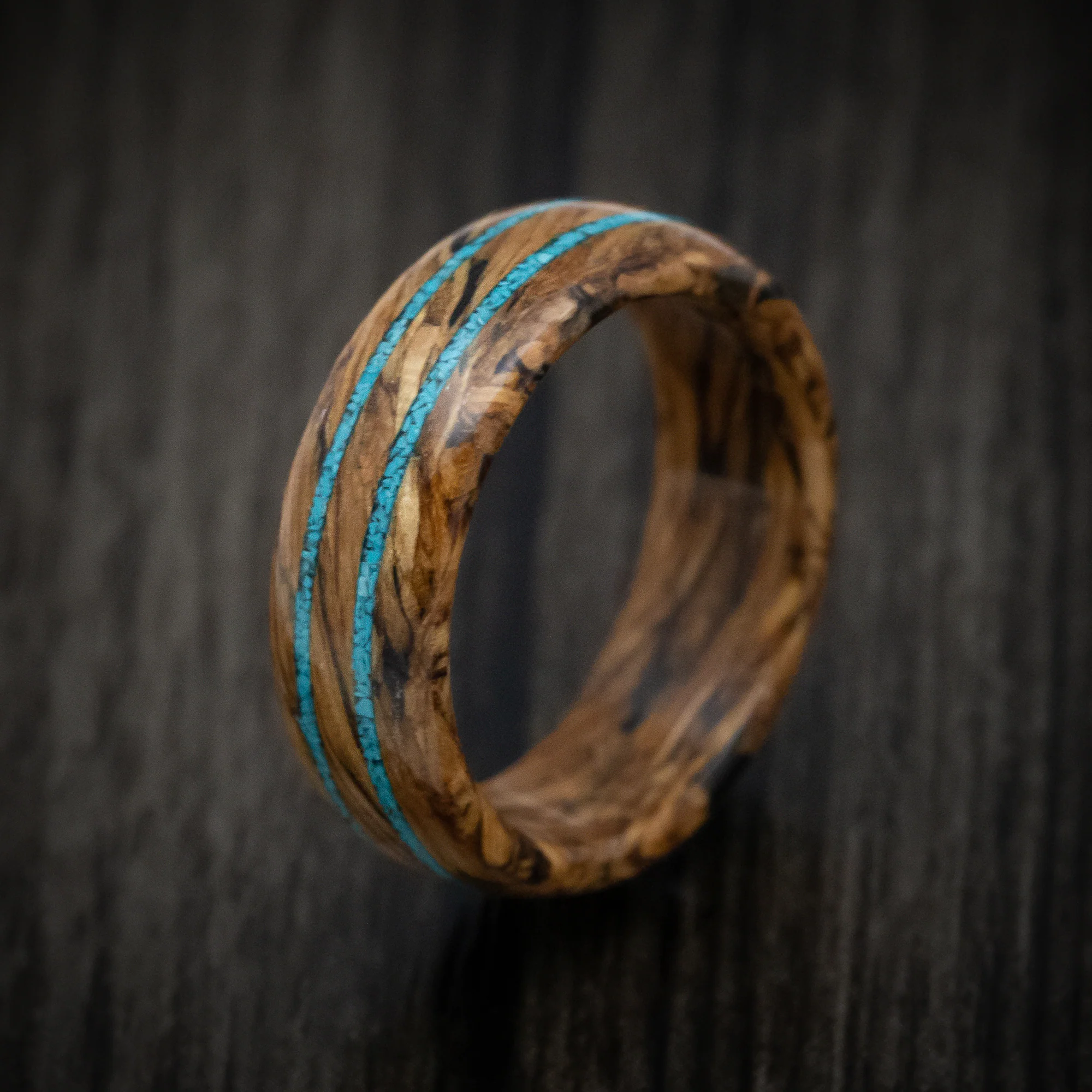 Whiskey Barrel Marbled Wood Men's Ring with Turquoise Inlays Custom Made Band - Image 4