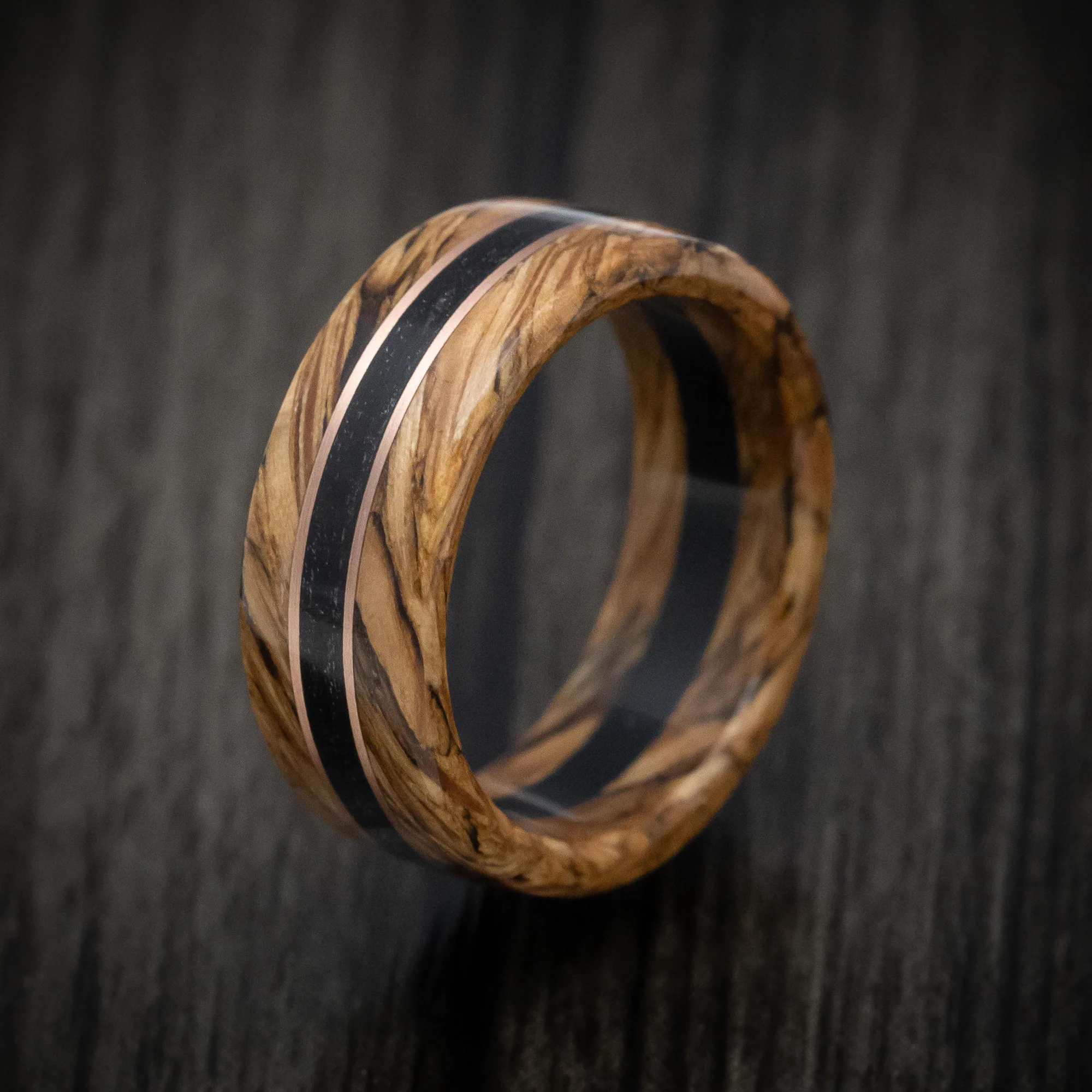 Whiskey Barrel Wood and Ebony Wood Marbled Wood Men's Ring with Rose Gold Inlay Custom Made Band - Image 4