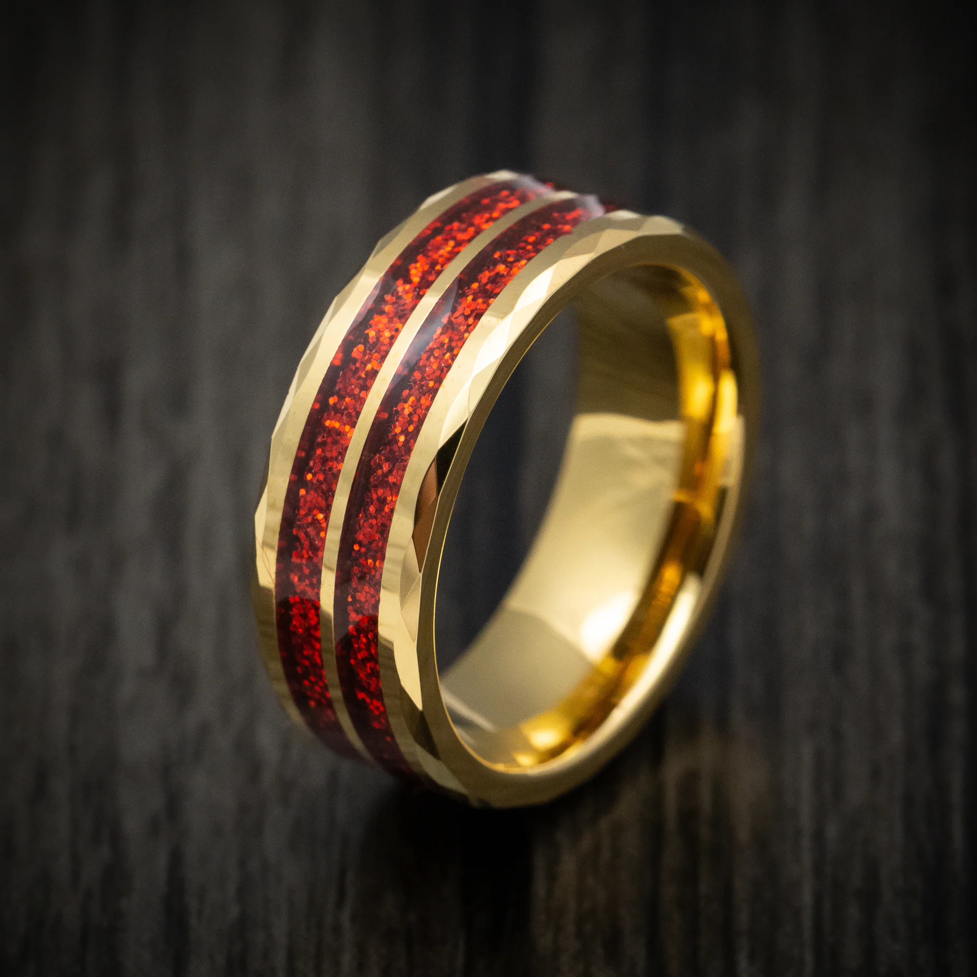 Golden Tungsten Men's Ring with Red Spark Inlay Band - Image 4