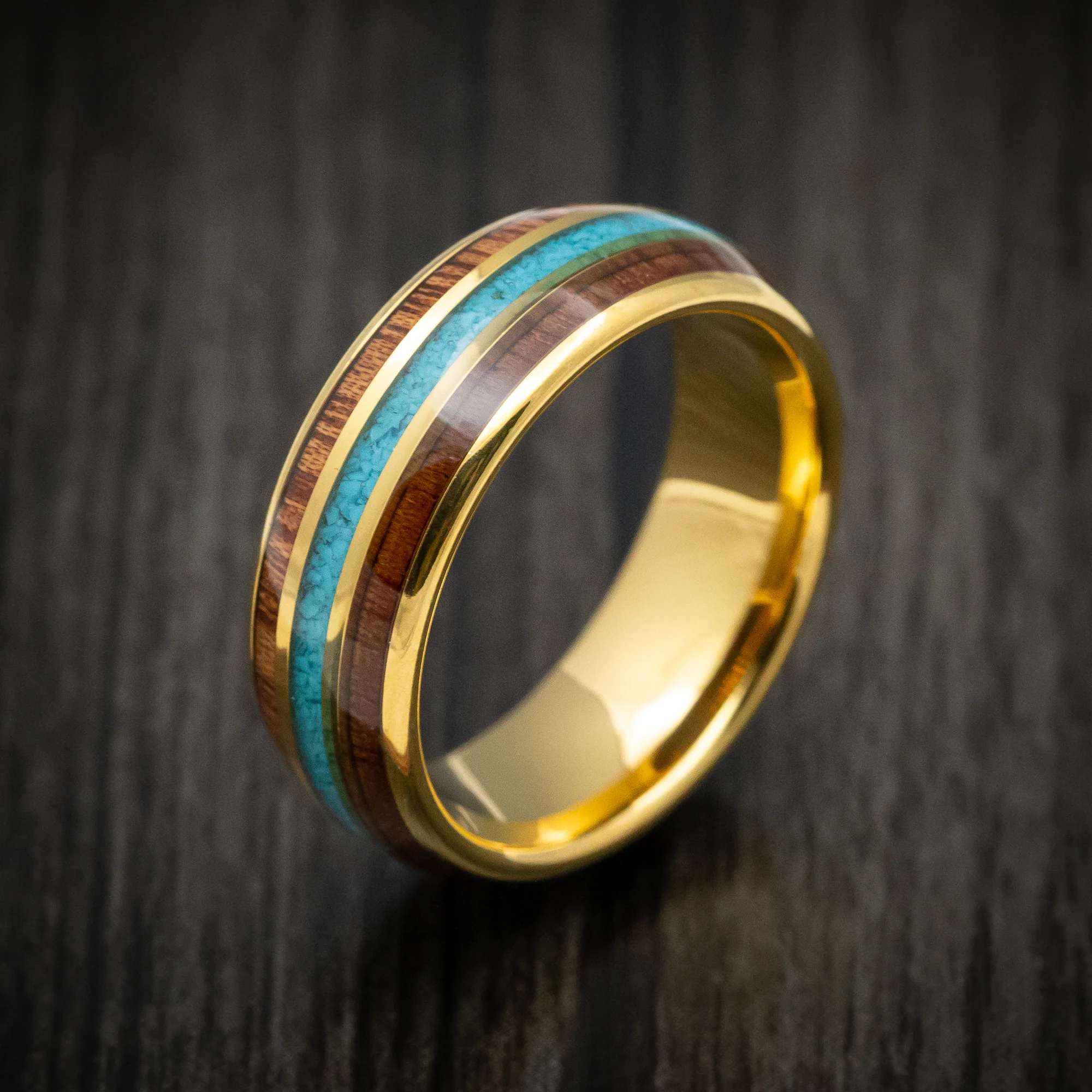 Golden Tungsten Men's Ring with Rose Wood and Turquoise Inlays - Image 3