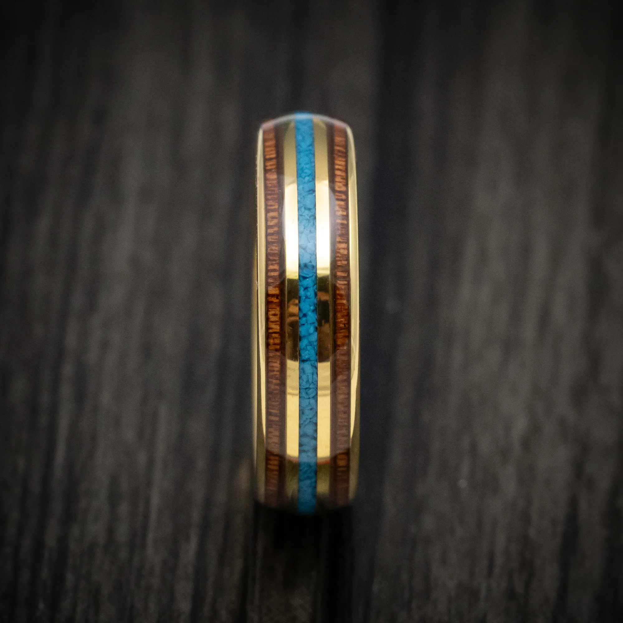 Golden Tungsten Men's Ring with Turquoise and Rosewood Inlays Band - Image 3