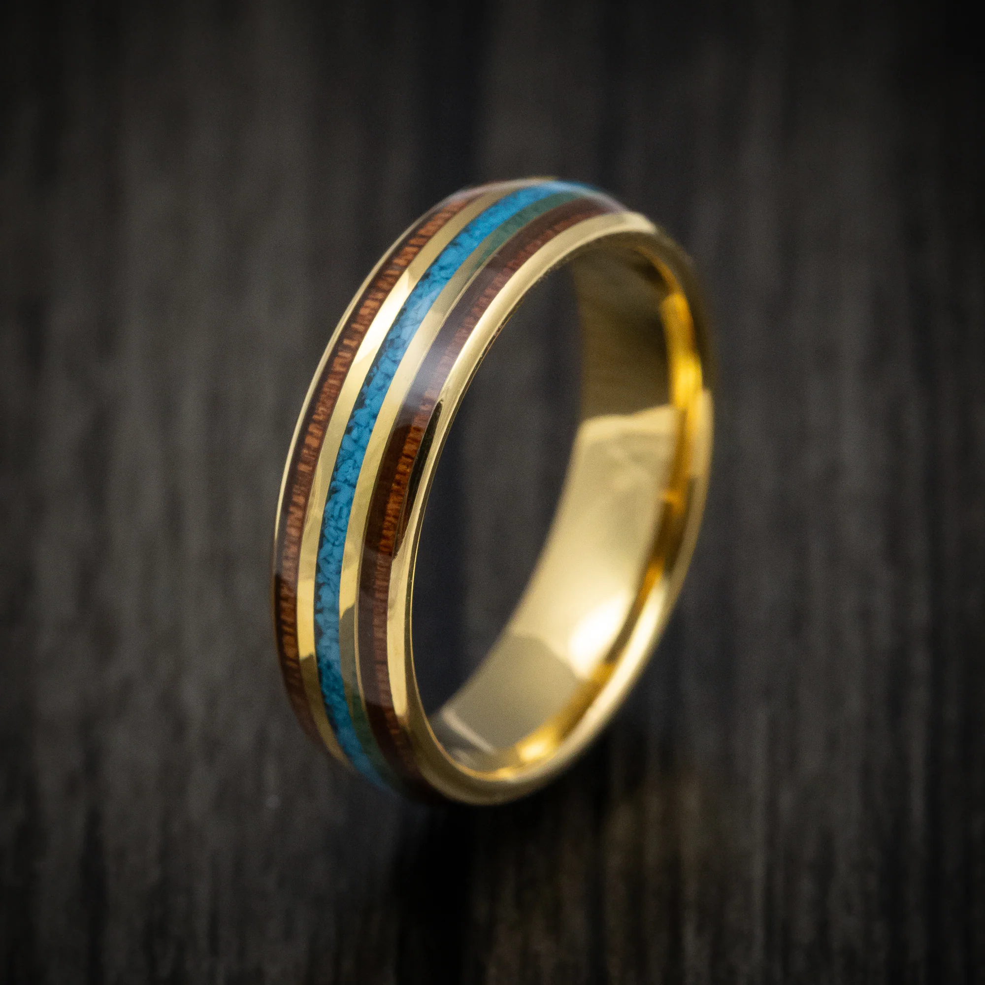 Golden Tungsten Men's Ring with Turquoise and Rosewood Inlays Band - Image 4