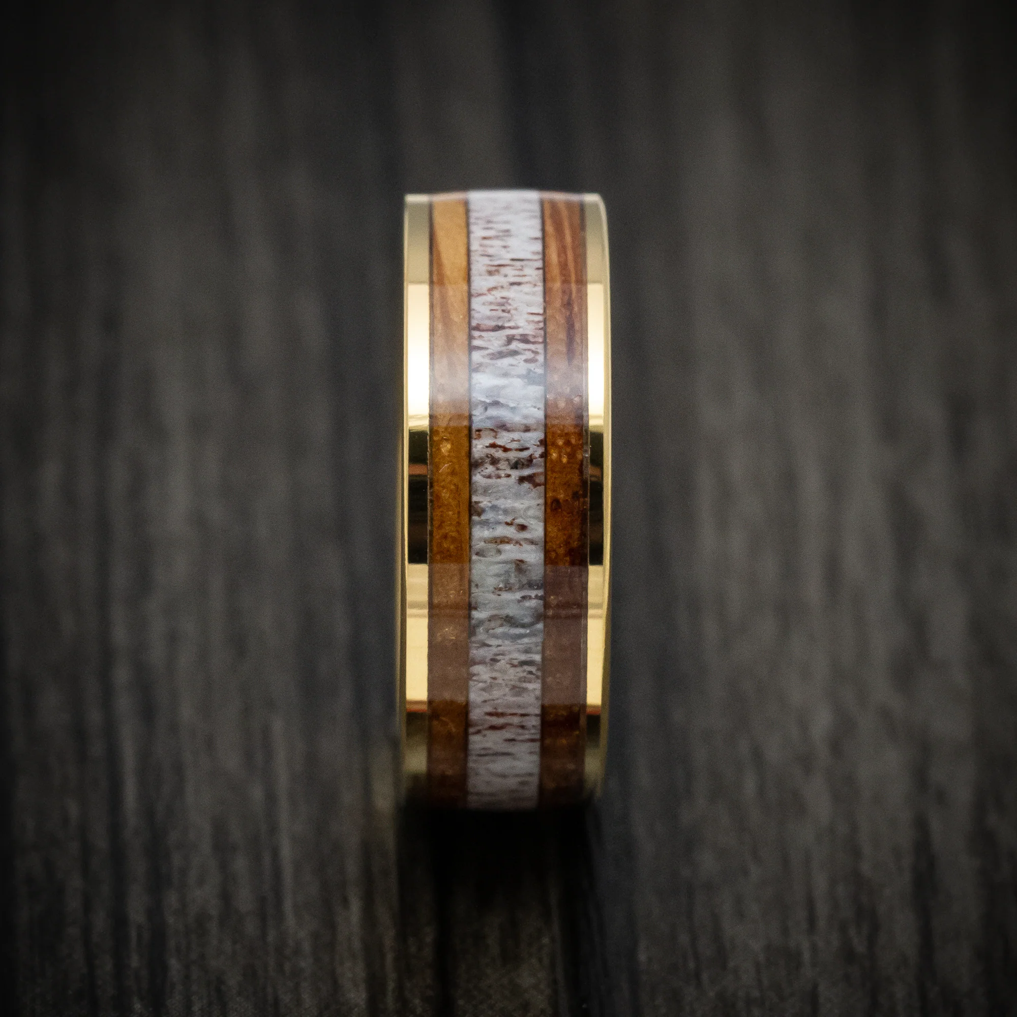 Golden Tungsten Men's Ring with Whiskey Barrel Wood and Antler Inlays - Image 3