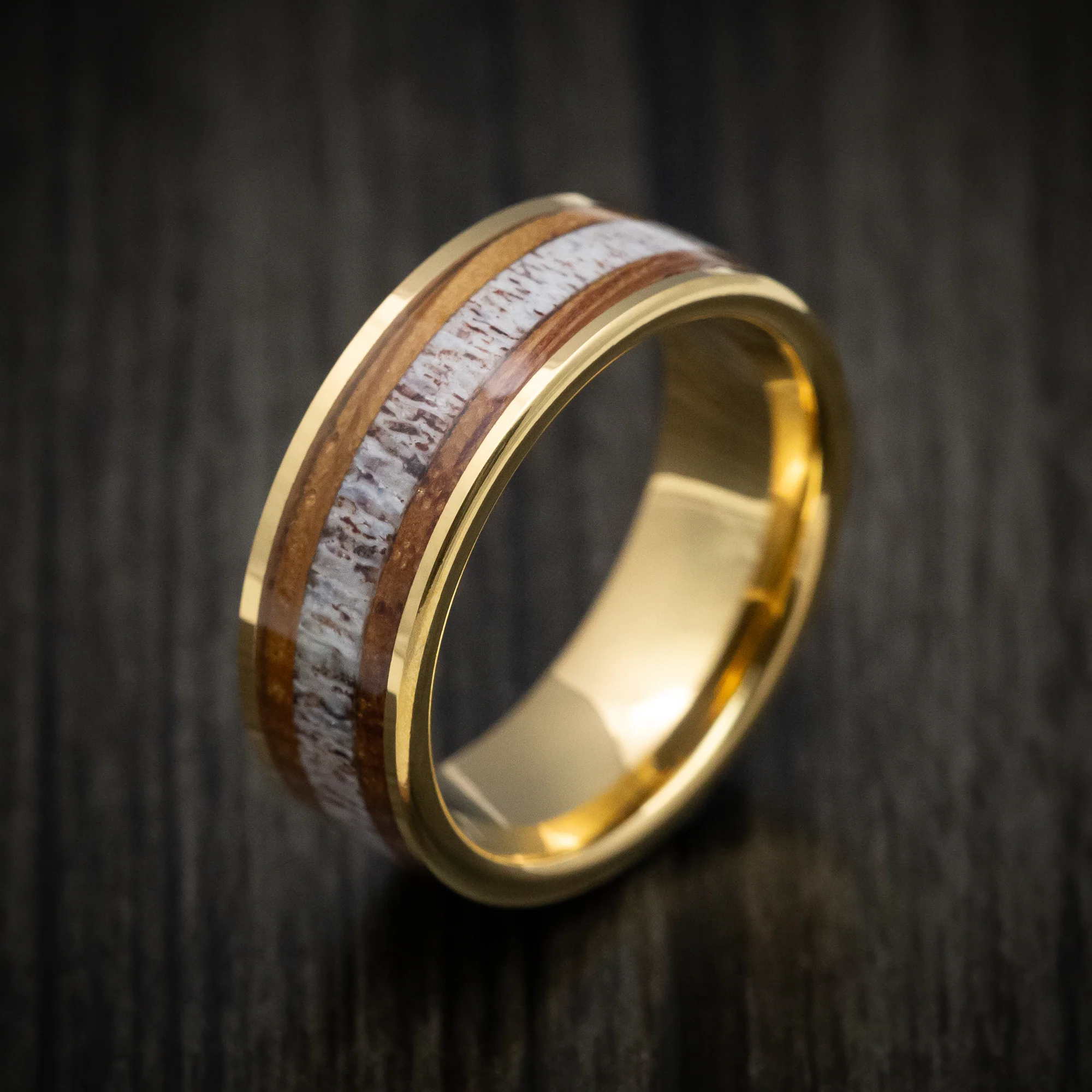 Golden Tungsten Men's Ring with Whiskey Barrel Wood and Antler Inlays - Image 4