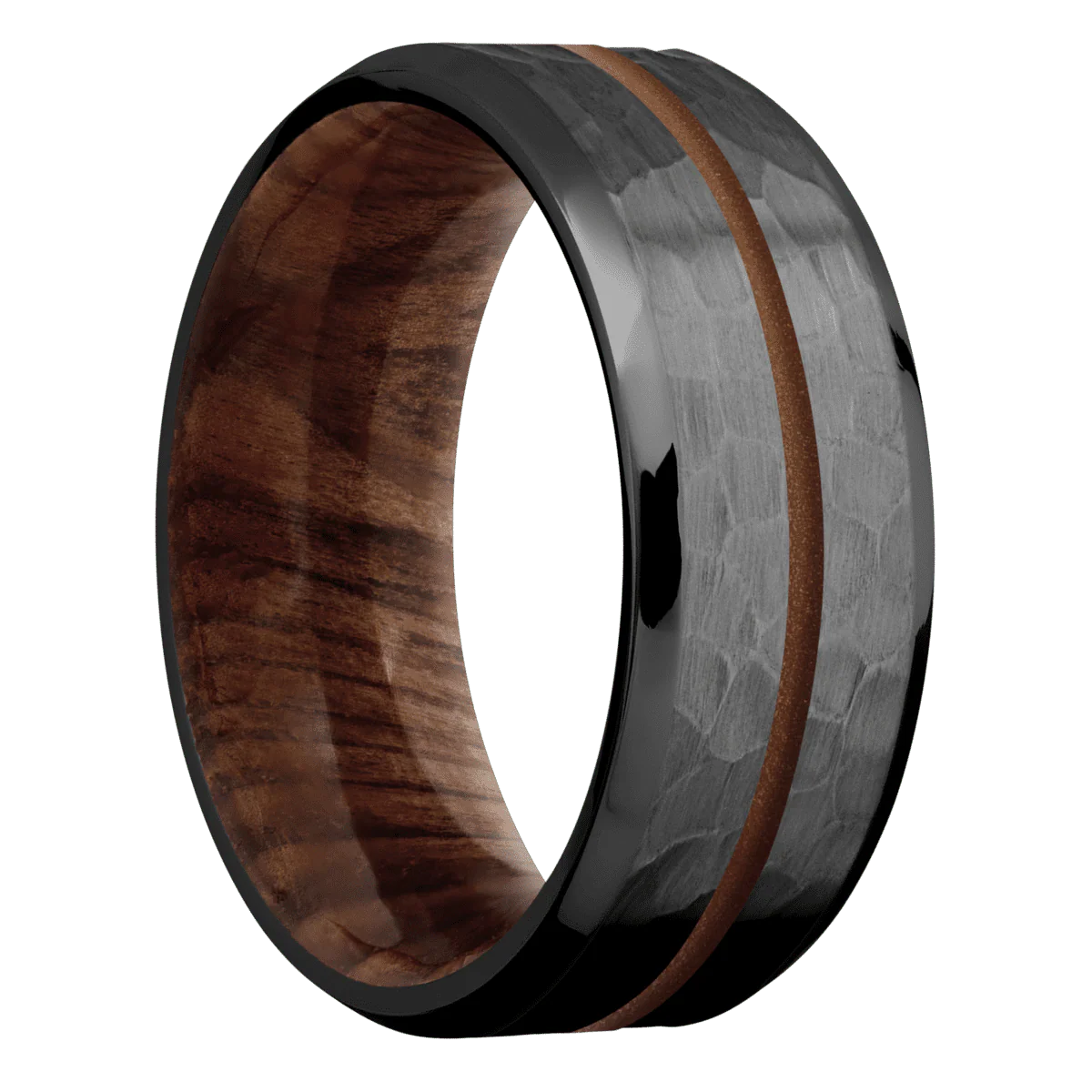 Zirconium + Hammer , Polish Finish + Sequoia